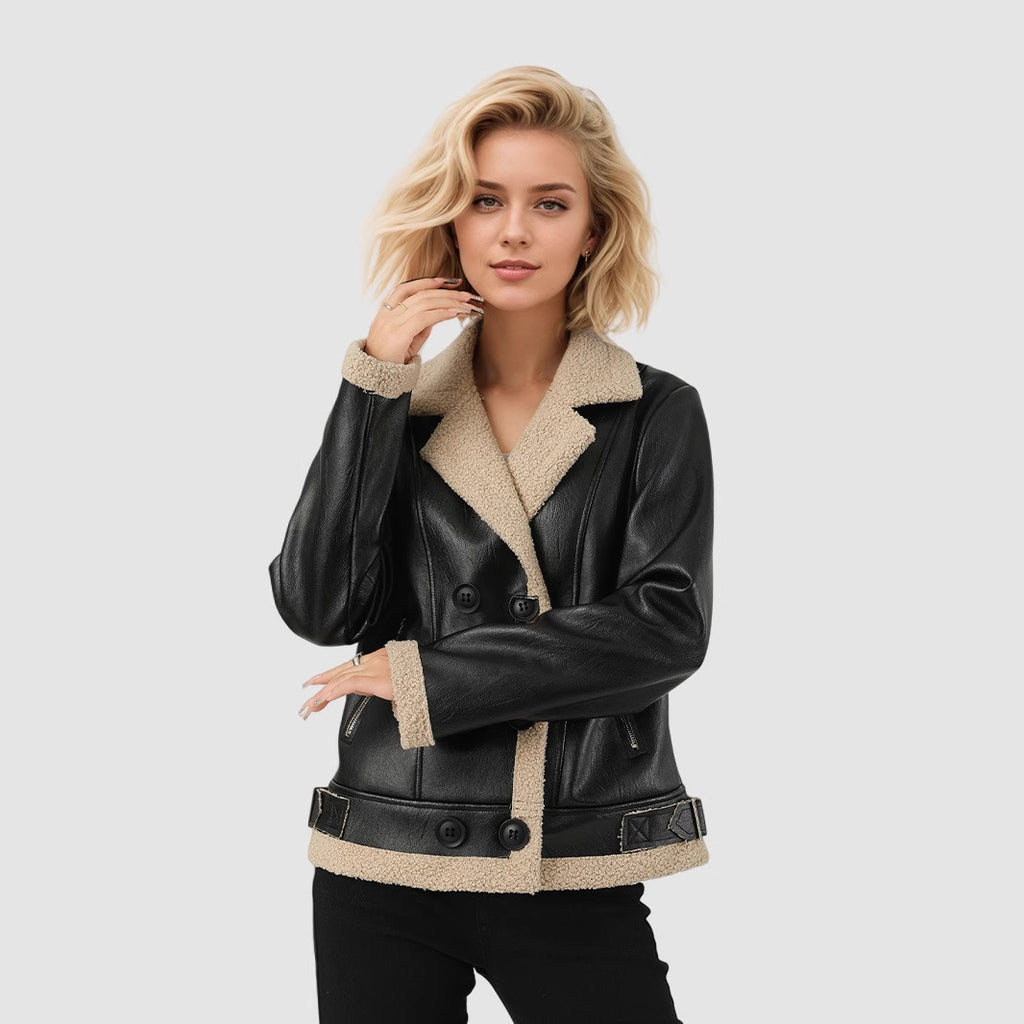 Faux Leather Jacket with Sherpa Trim