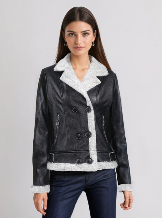 Faux Leather Jacket with Sherpa Trim