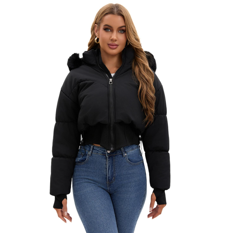 Fur-Trim Hooded Short Puffer Jacket