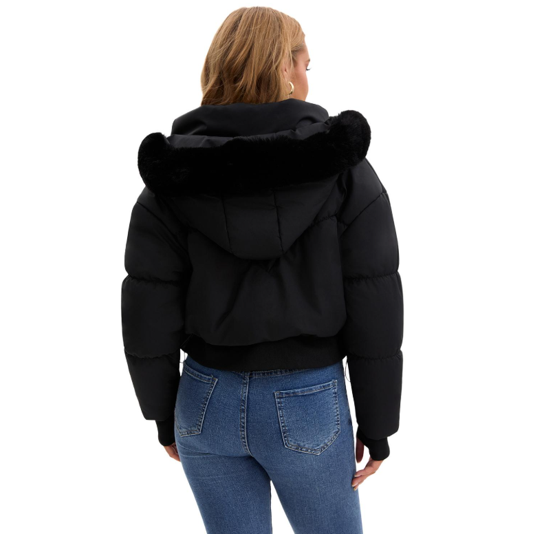 Fur-Trim Hooded Short Puffer Jacket