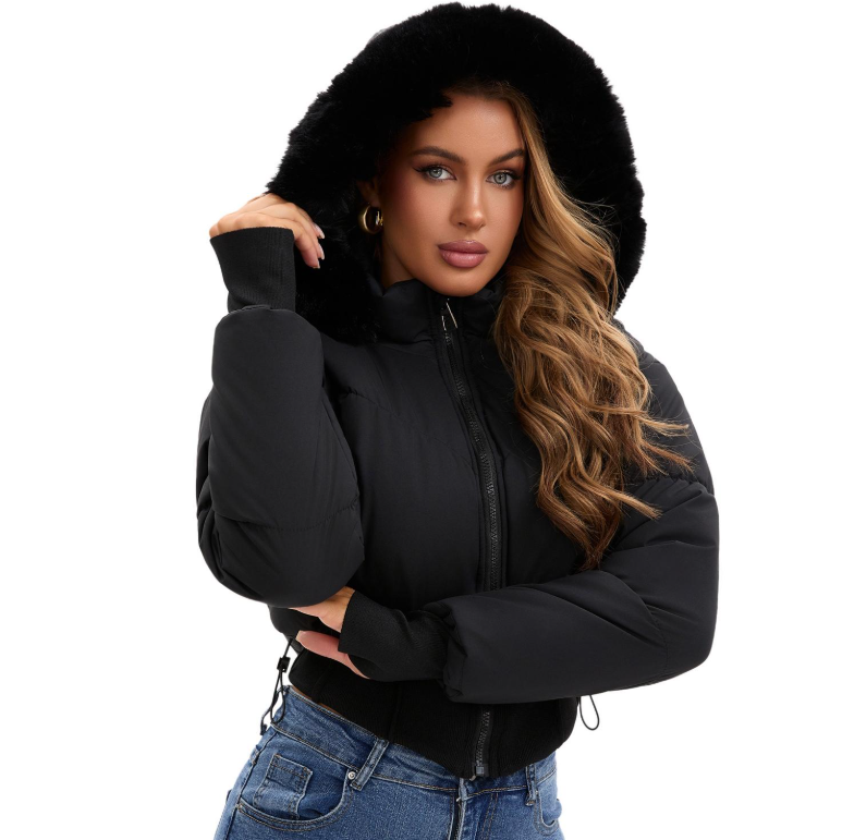 Fur-Trim Hooded Short Puffer Jacket