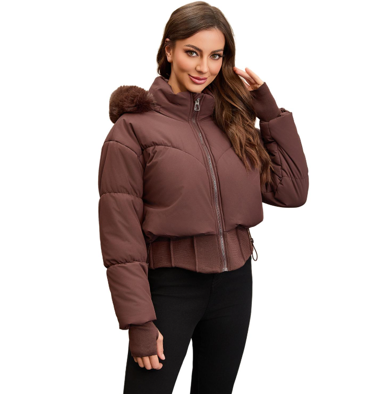 Fur-Trim Hooded Short Puffer Jacket