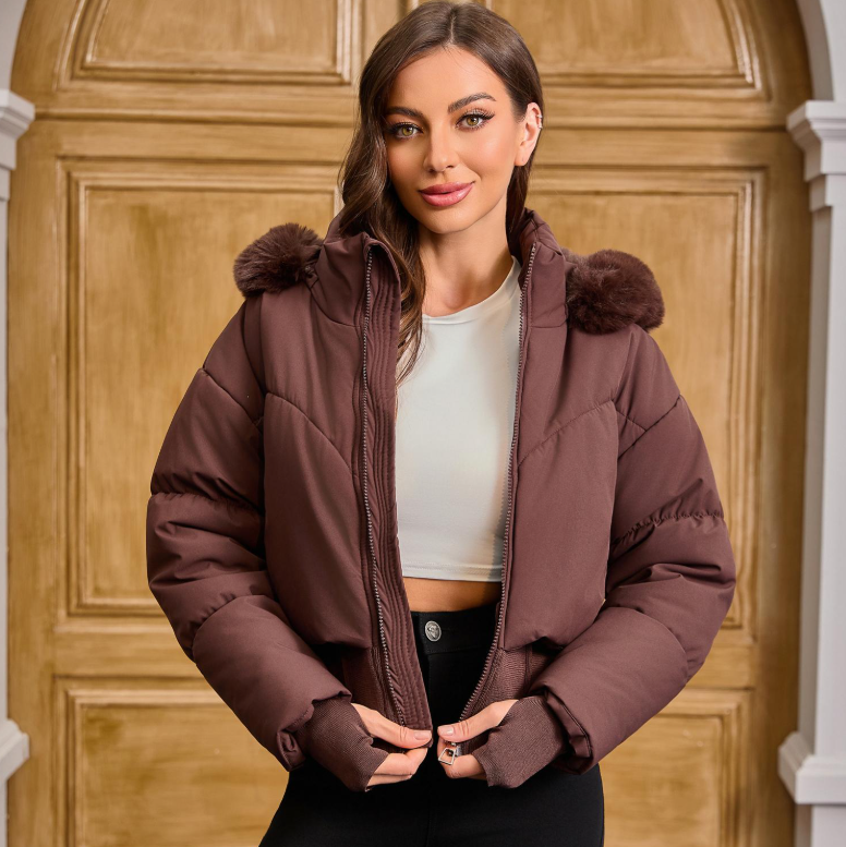 Fur-Trim Hooded Short Puffer Jacket