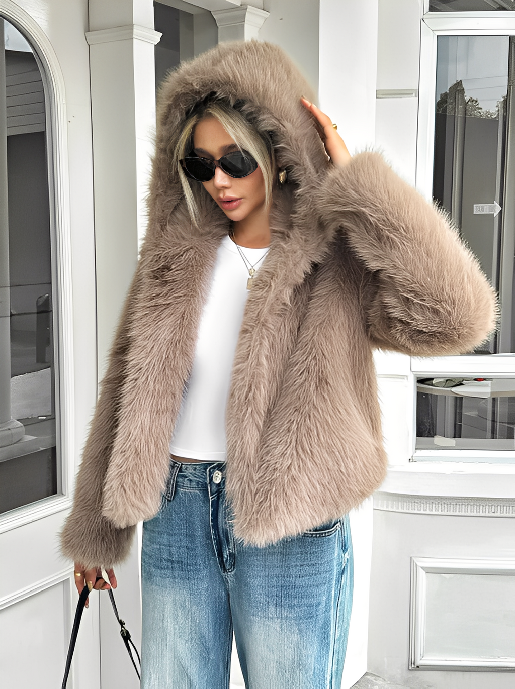 Plush Faux-Fur Mid-Length Coat
