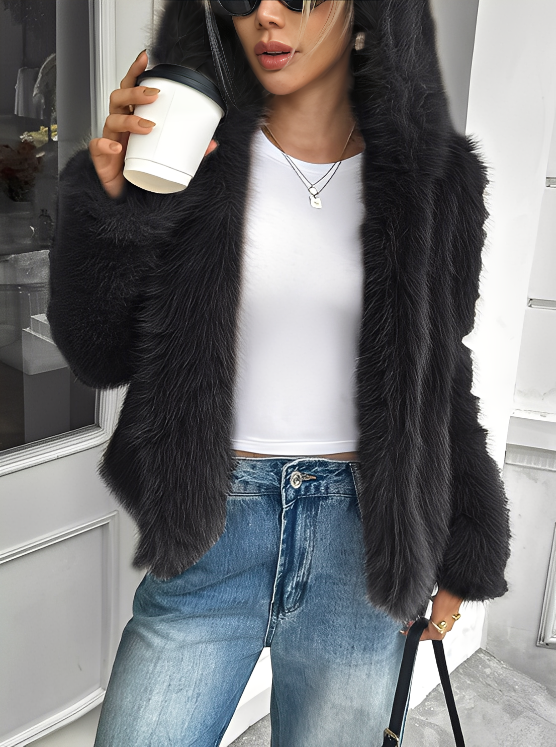 Plush Faux-Fur Mid-Length Coat