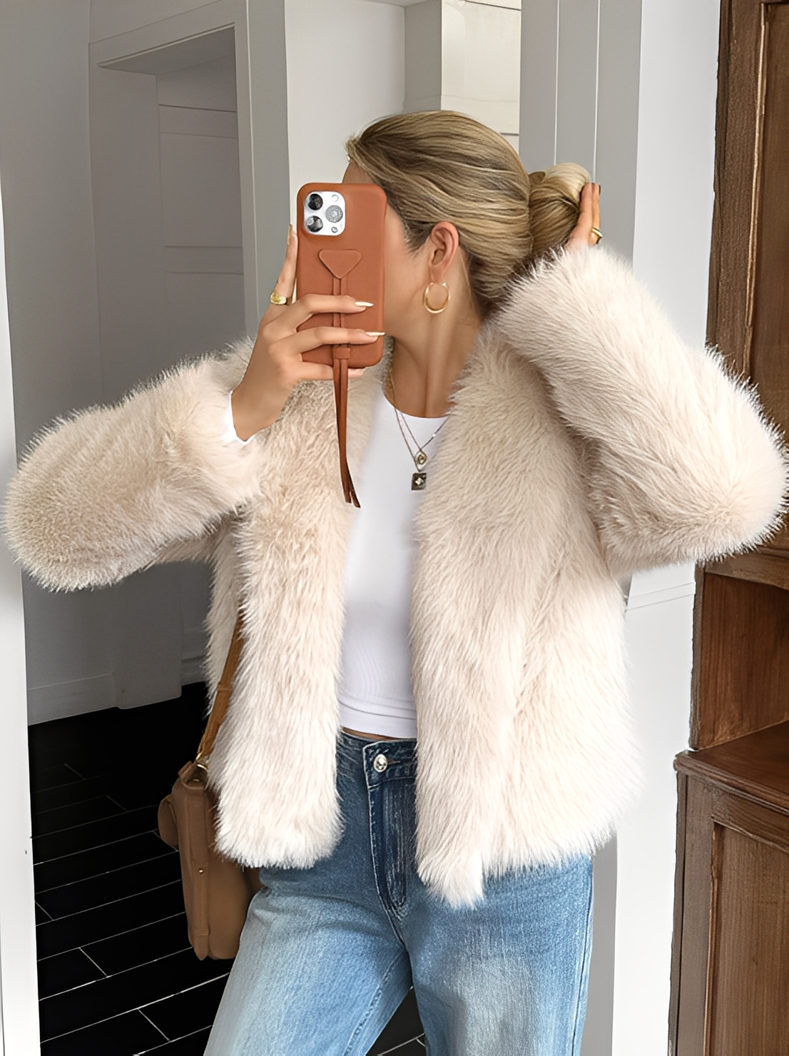 Plush Faux-Fur Mid-Length Coat