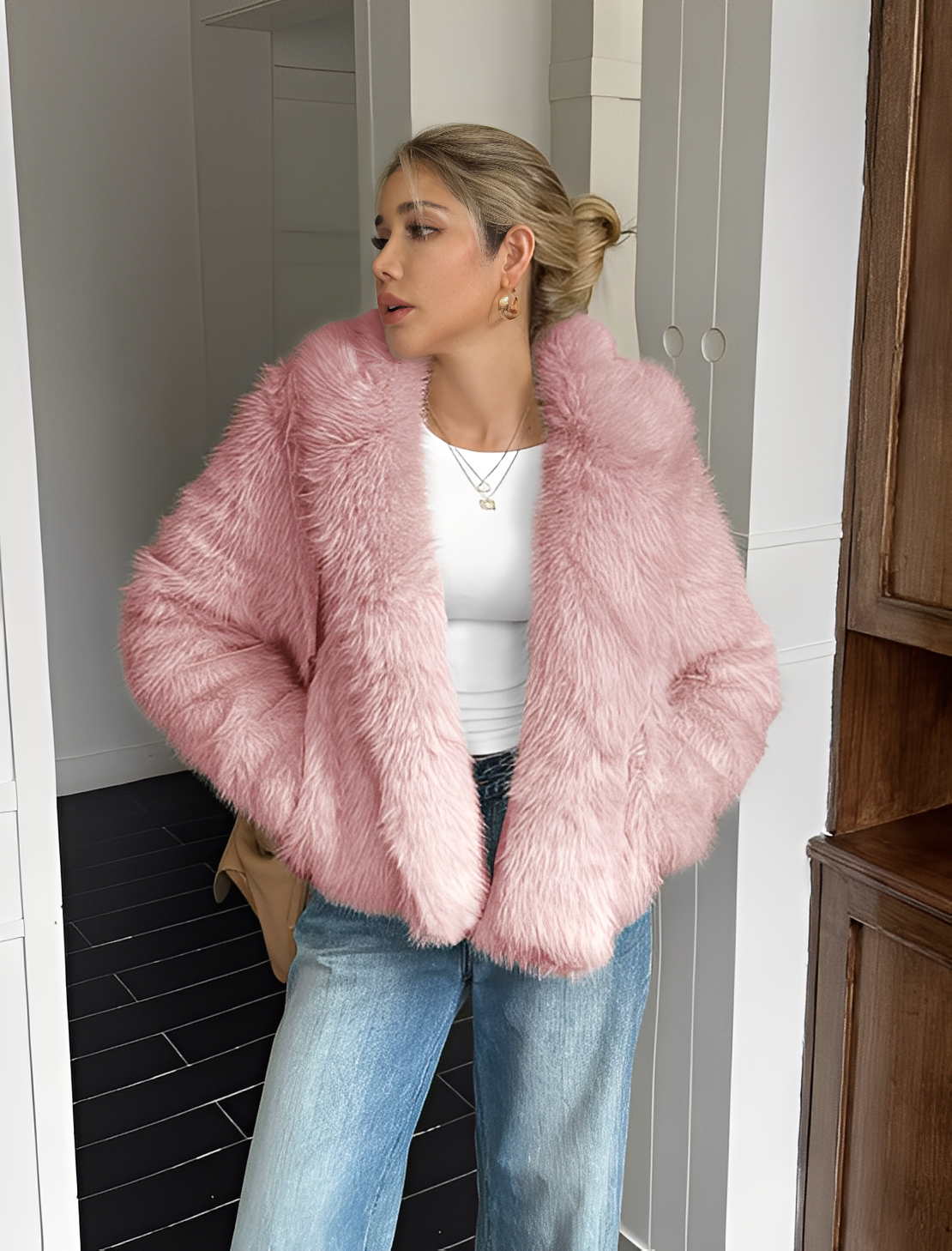Plush Faux-Fur Mid-Length Coat
