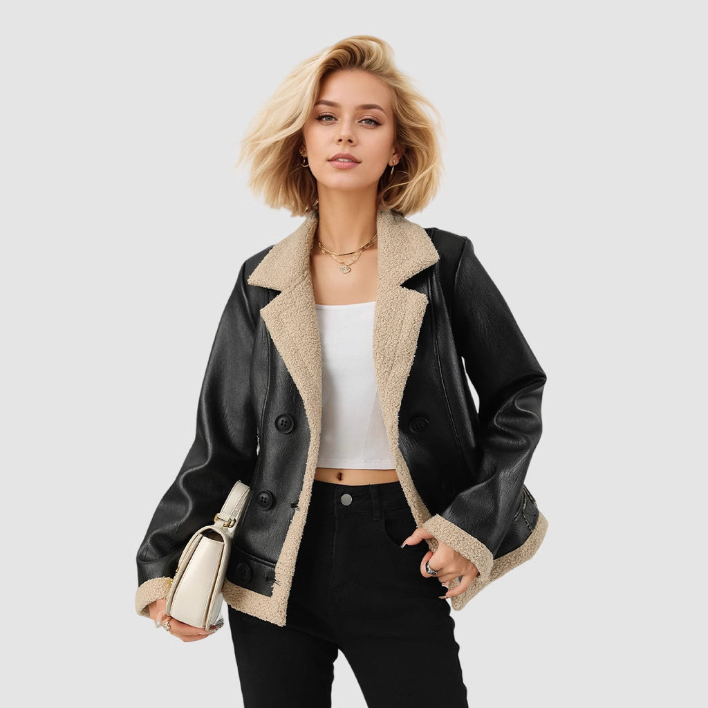 Faux Leather Jacket with Sherpa Trim