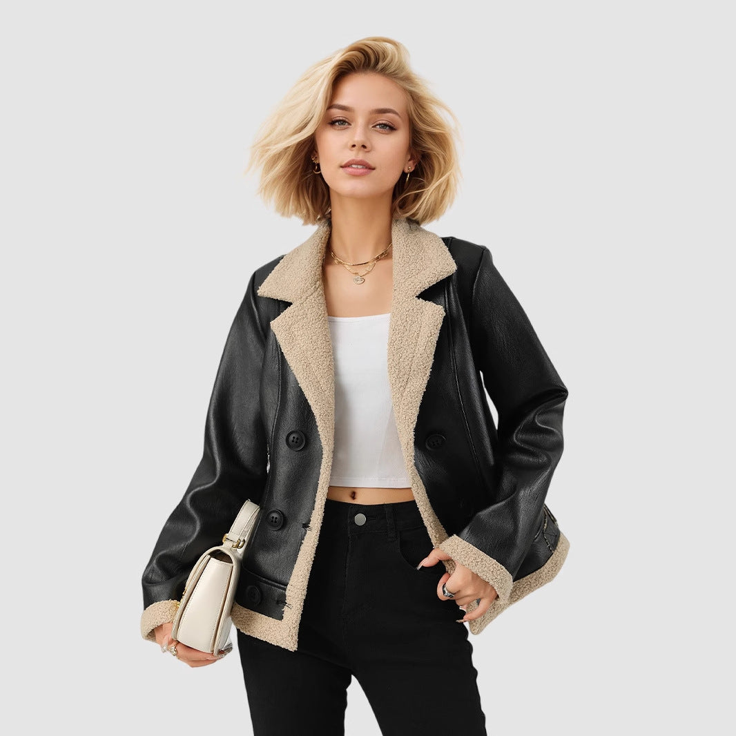 Faux Leather Jacket with Sherpa Trim