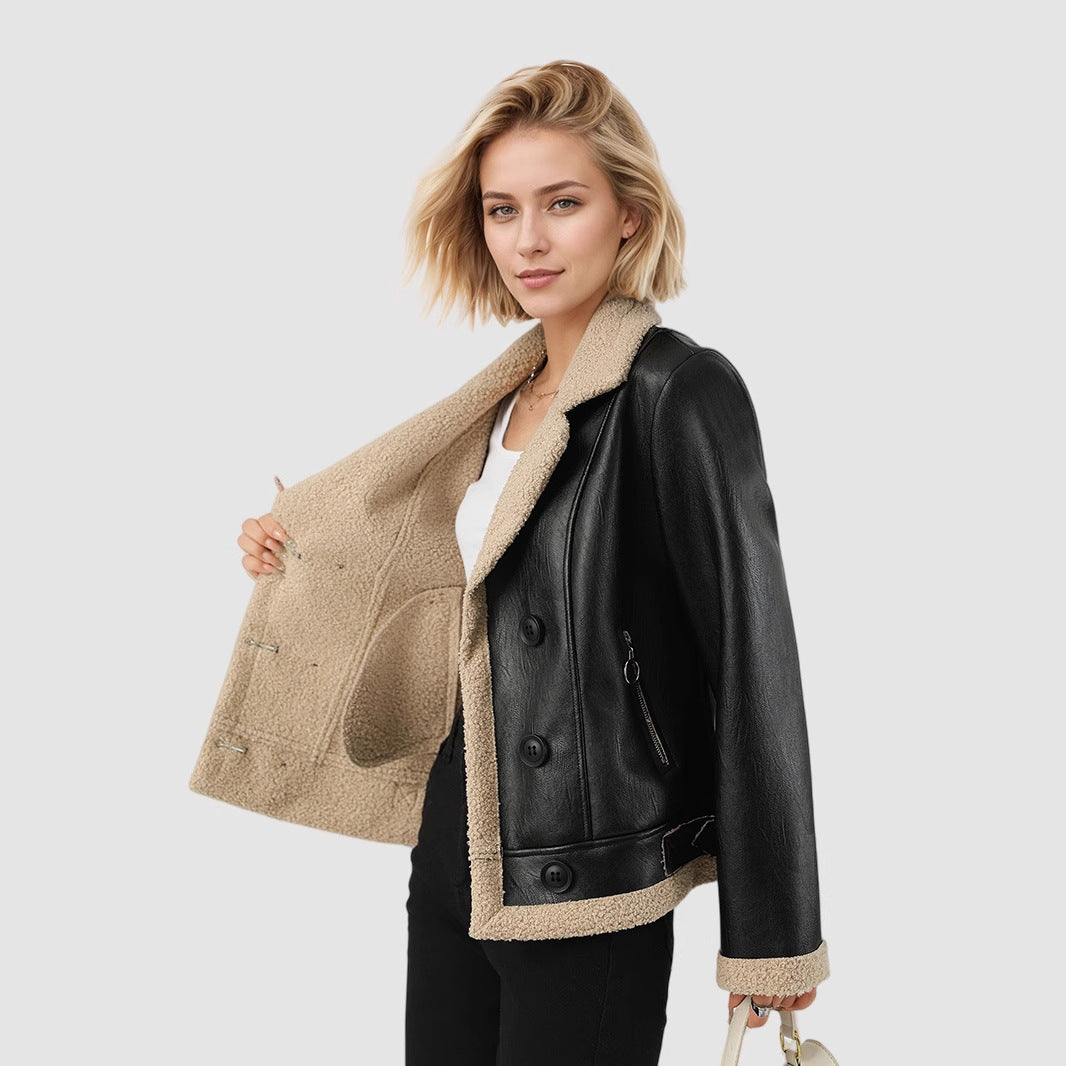 Faux Leather Jacket with Sherpa Trim